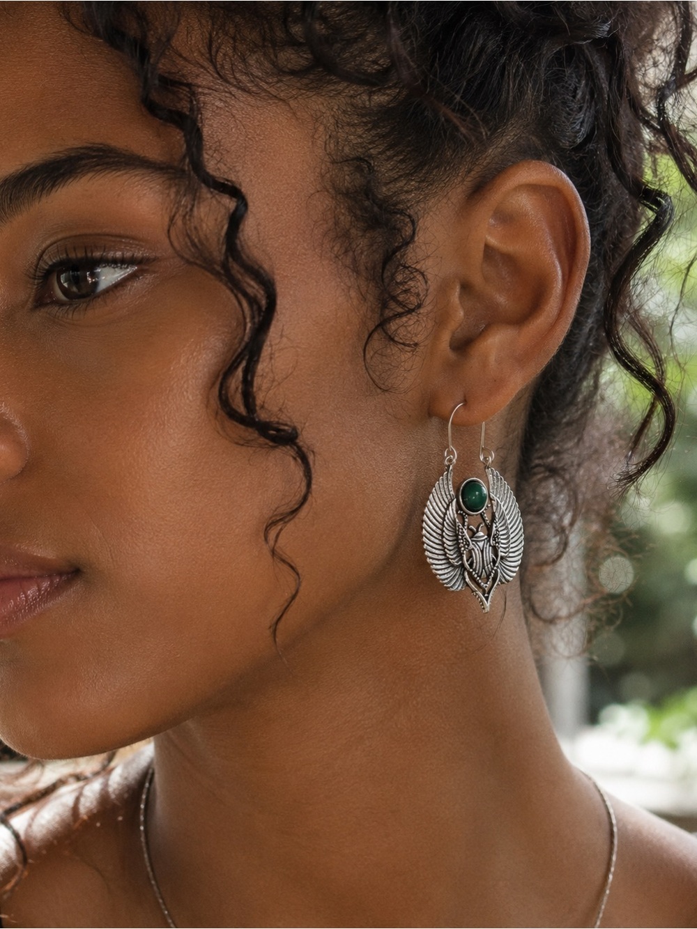 Silver Winged Drop Earrings with Green Stone -  Jewelry - Picture 2 of 9
